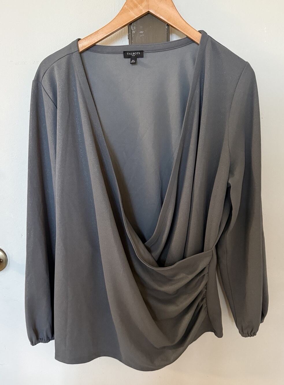 Talbots Top Womens 2X Gray Silver Sparkle Faux Wrap Knit Quiet Luxury